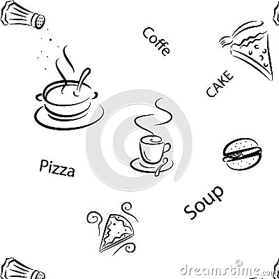 Pie, Soup, Coffee and a lot of tasty things . Black and white vector pattern . Stock Photo